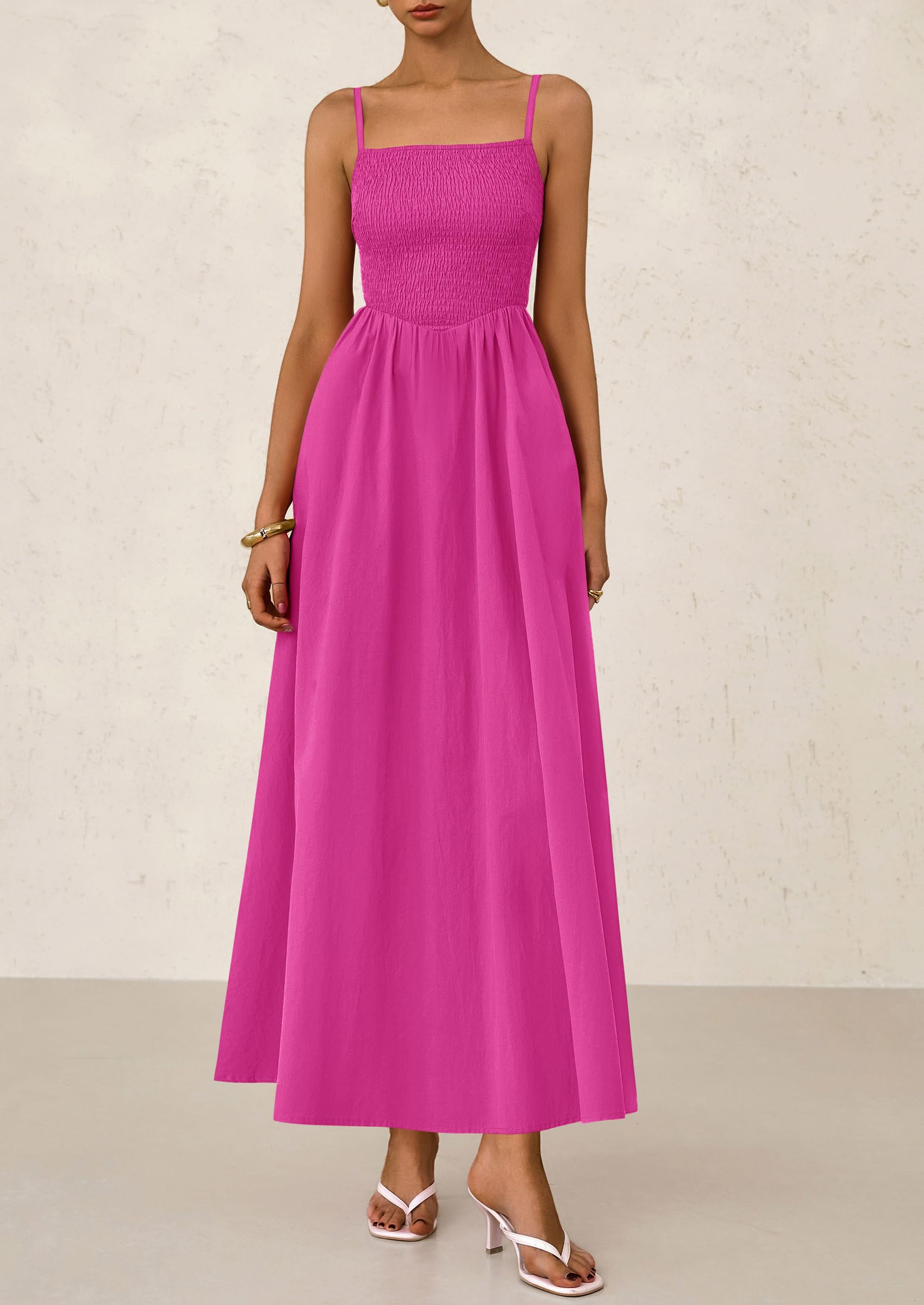 PRETTYGARDEN Women's Smocked Maxi Dresses Beach Sundress Casual Spaghetti Strap Swing A Line Long Flowy Dress