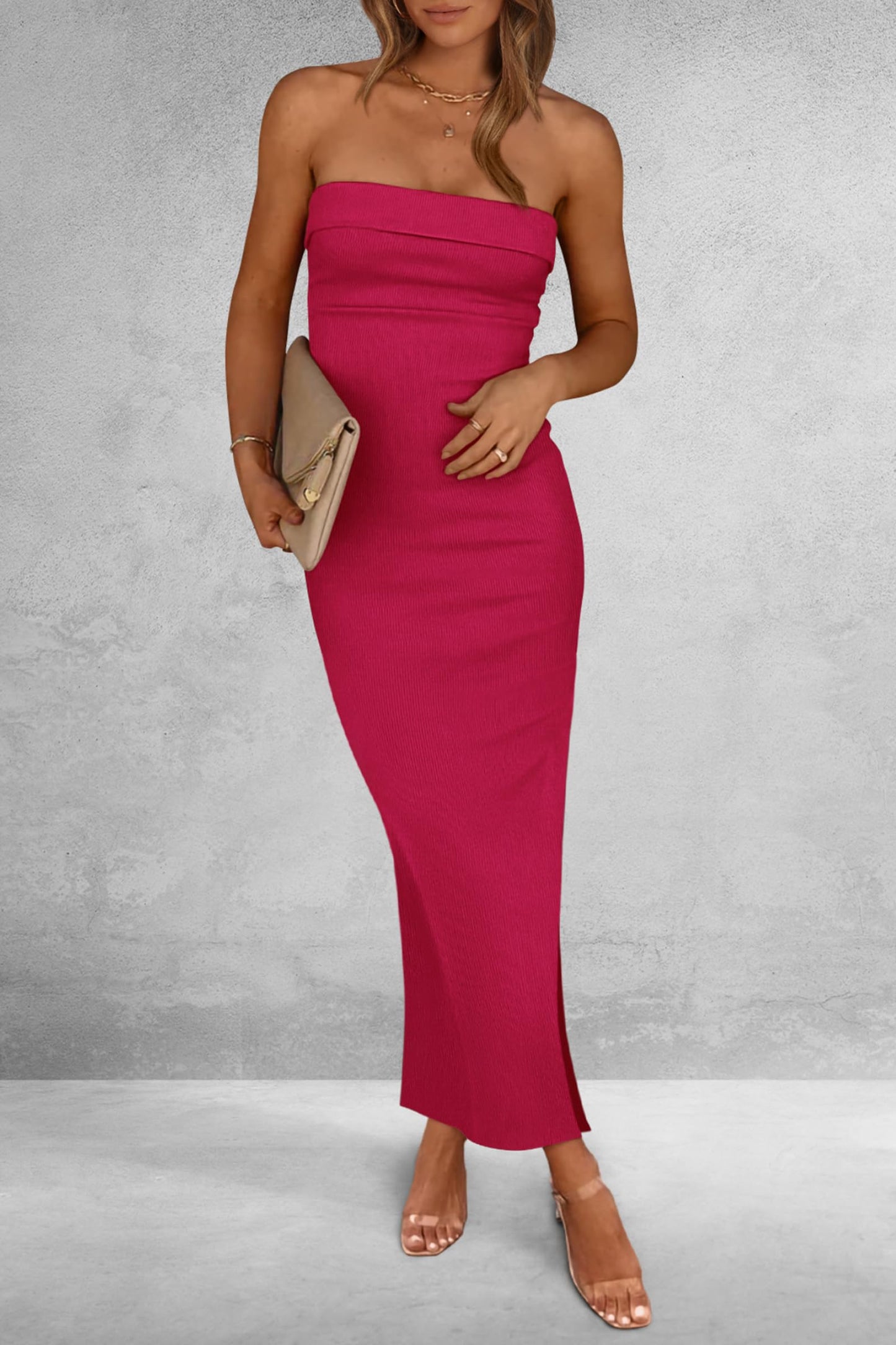 Ribbed Strapless Side Slit Long Going Out Casual Elegant Party Dresses