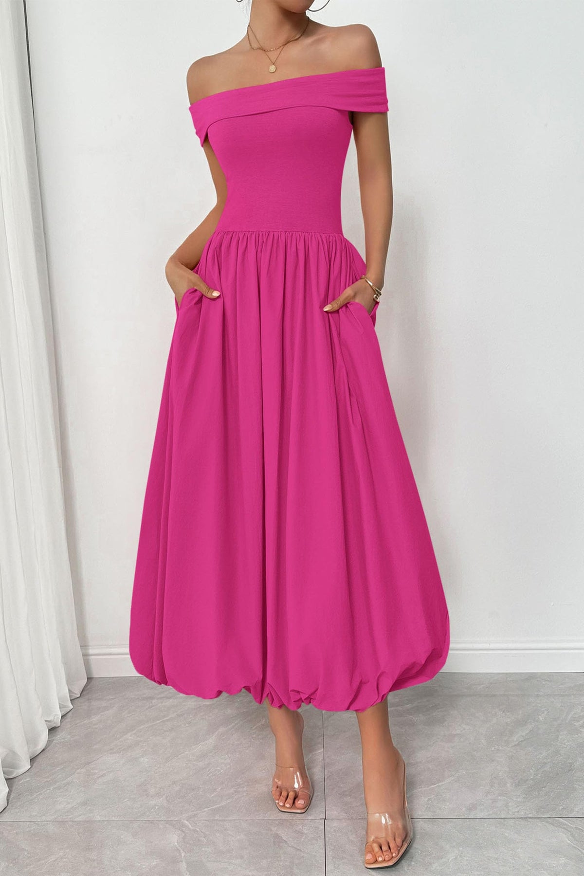 Womens Summer Off Shoulder Sleeveless Midi Dress Cocktail A Line Flowy Wedding Guest Dresses with Pockets