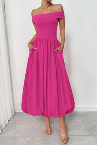 Womens Summer Off Shoulder Sleeveless Midi Dress Cocktail A Line Flowy Wedding Guest Dresses with Pockets