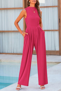 Summer One Piece Sleeveless Mock Neck Wide Leg Pants Rompers With Pockets