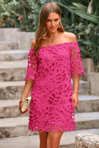 PRETTYGARDEN Women's Summer Off Shoulder Dresses Floral Lace Flare Short Sleeve Spring Vintage Elegant Mini Dress