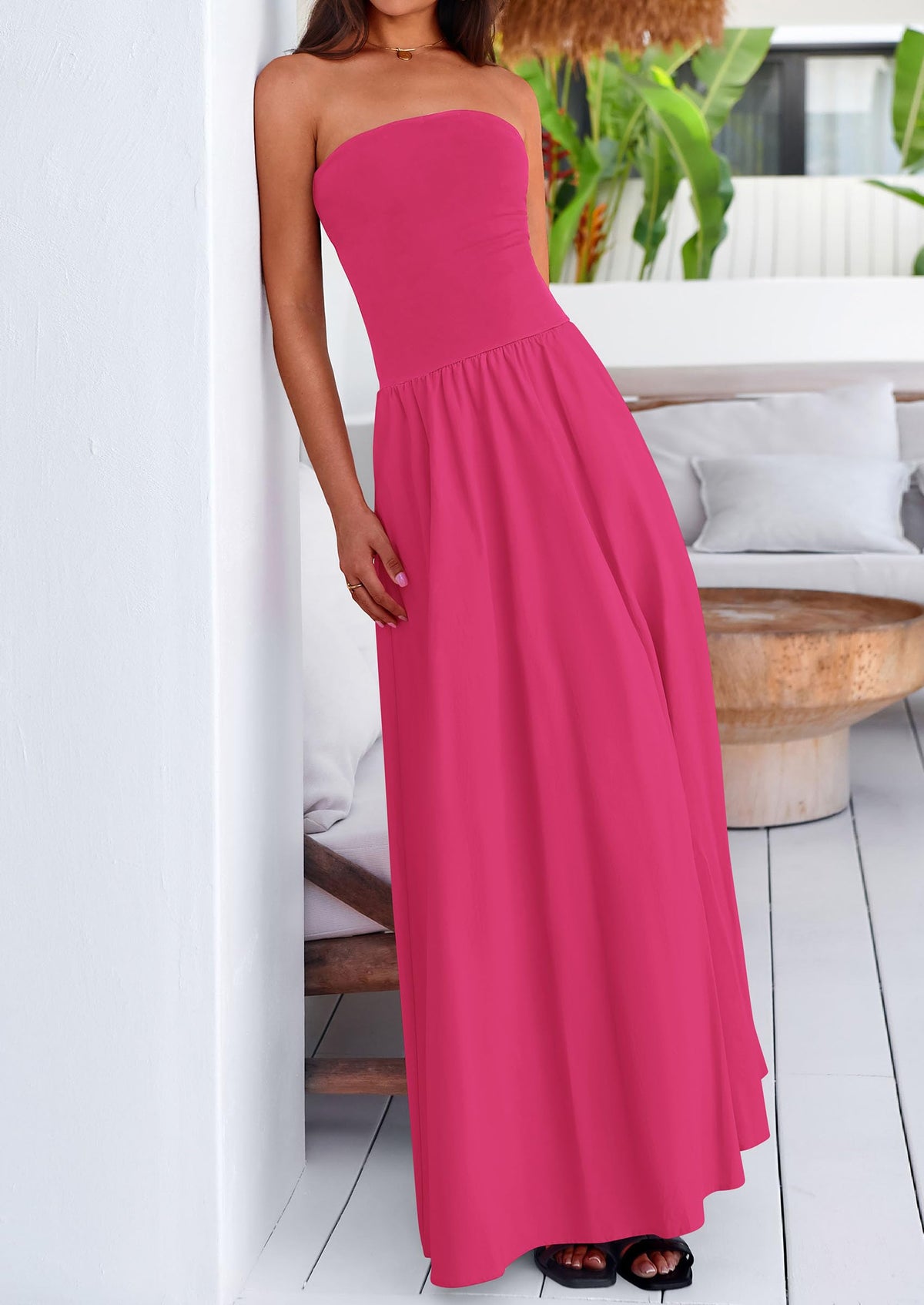 Women's 2025 Summer Strapless Maxi Dresses Patchwork Long Flowy Elegant Going Out Tube Top Dress with Pockets