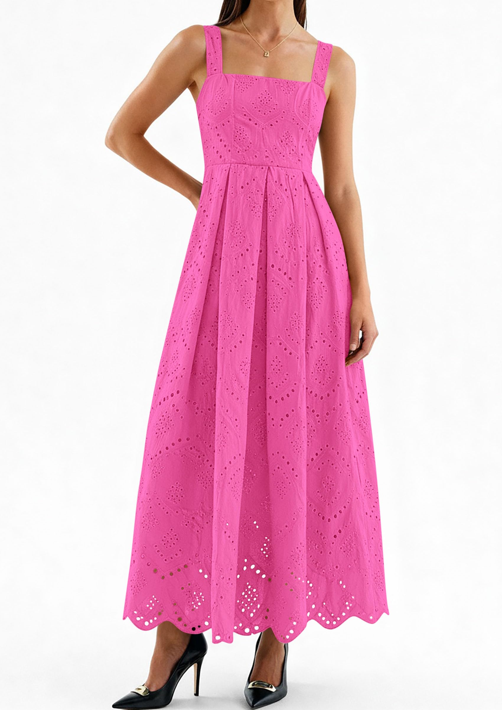 PRETTYGARDEN Womens Sleeveless Maxi Summer Dresses Hollow Out Eyelet Square Neck Ruffle Flowy Beach Vacation Sundress PRETTYGARDEN