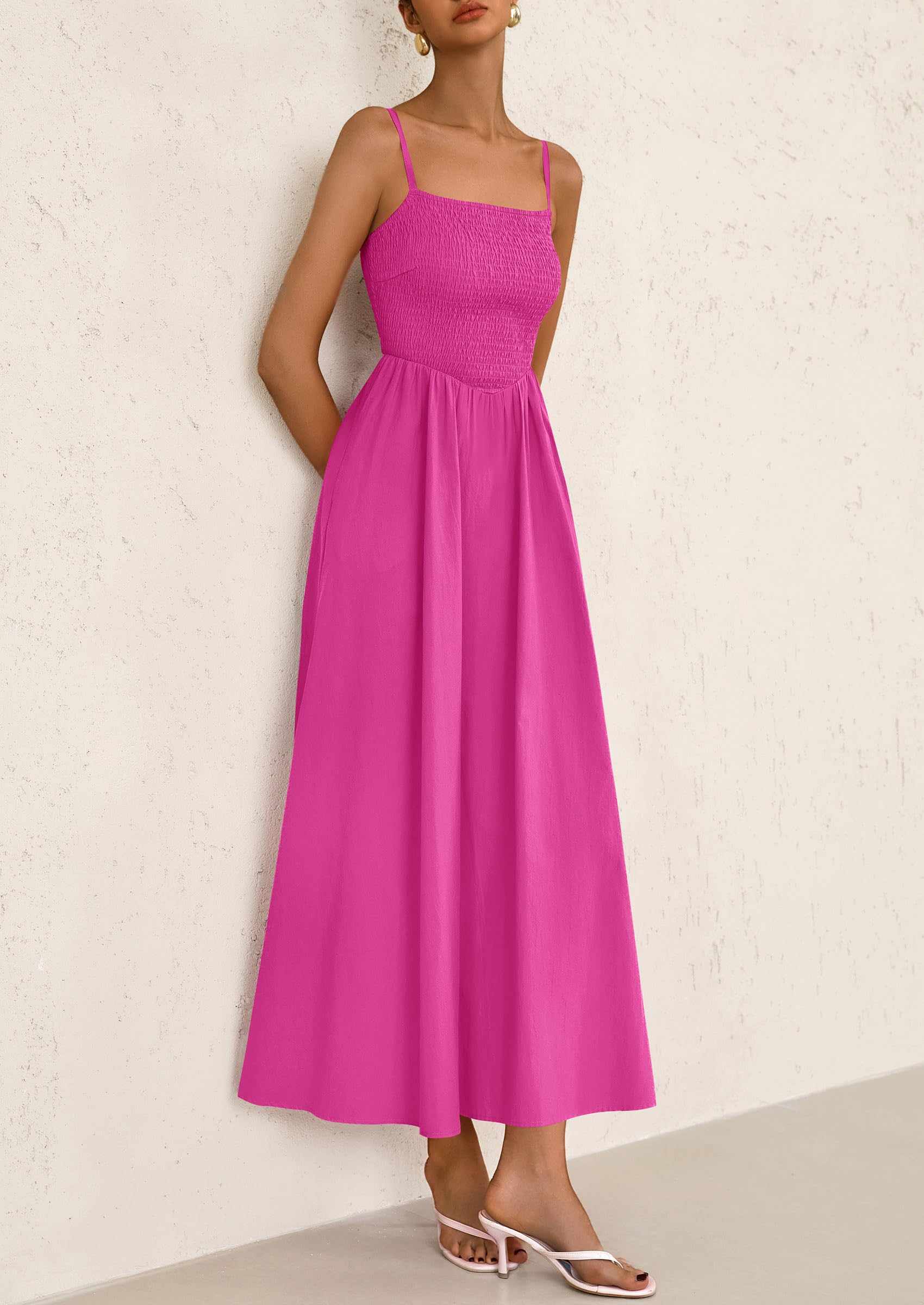 PRETTYGARDEN Women's Smocked Maxi Dresses Beach Sundress Casual Spaghetti Strap Swing A Line Long Flowy Dress