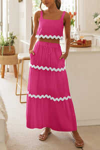 2 Piece Summer Casual Sleeveless Cropped Tank Top High Waisted Maxi Skirt Set