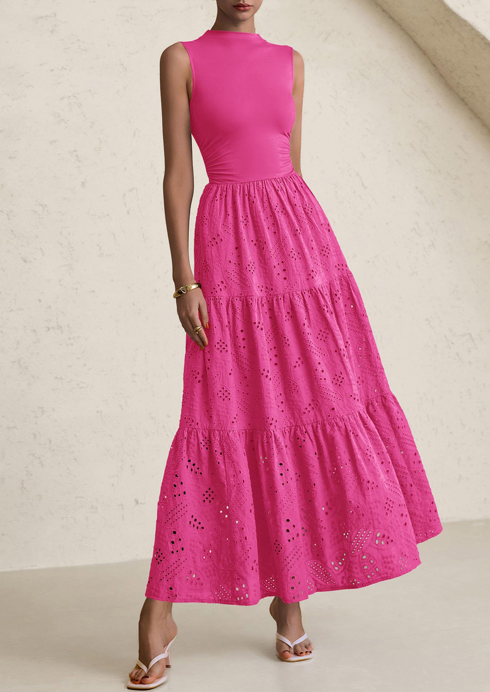 PRETTYGARDEN Dresses for Women Casual Eyelet Sleeveless Wedding Guest Maxi Dress Tank Top Sundress with Pockets