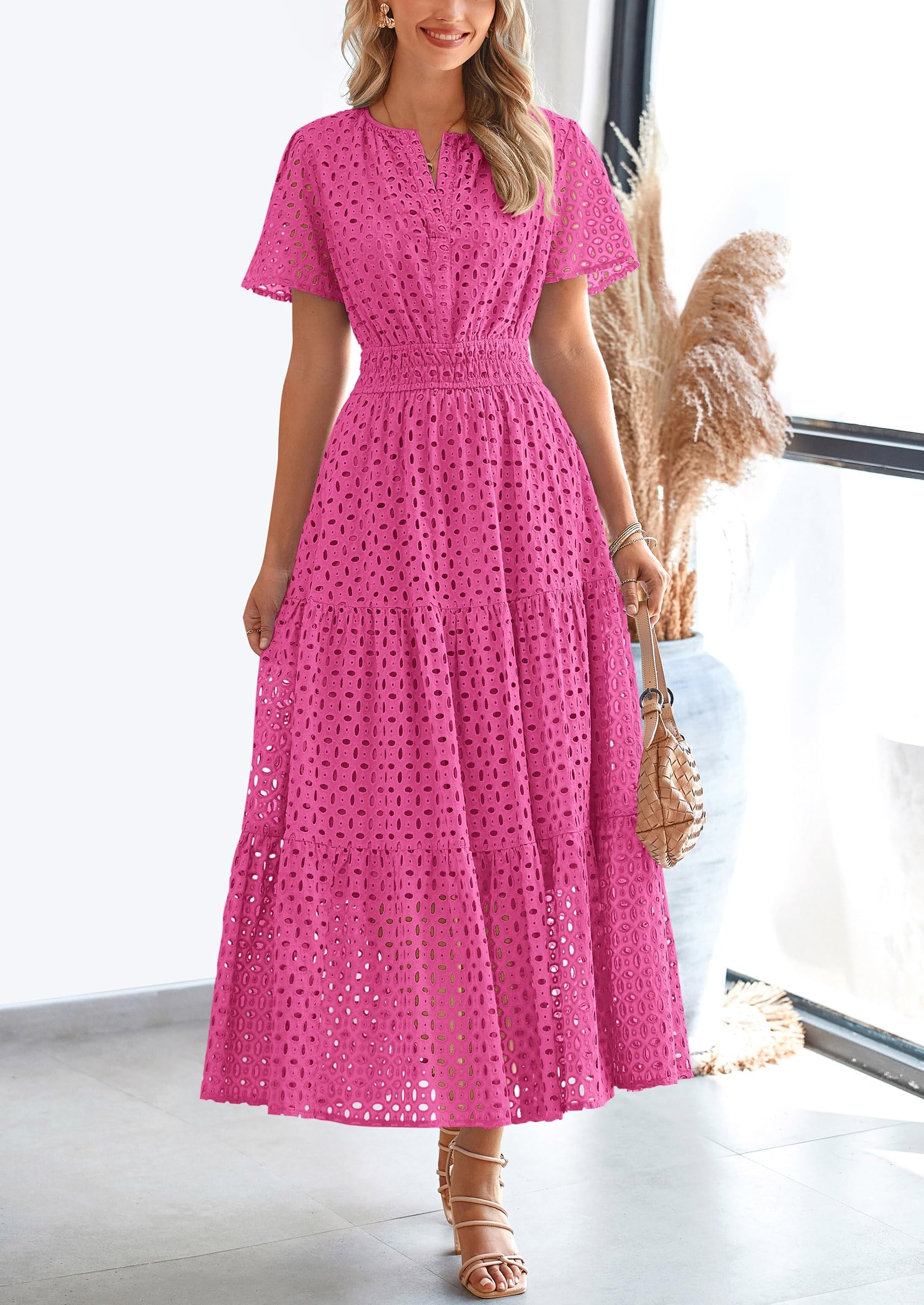 PRETTYGARDEN Womens Maxi Dress Short Sleeve V Neck Hollow Out Eyelet A PRETTYGARDEN Womens Maxi Dress Short Sleeve V Neck Hollow Out Eyelet A