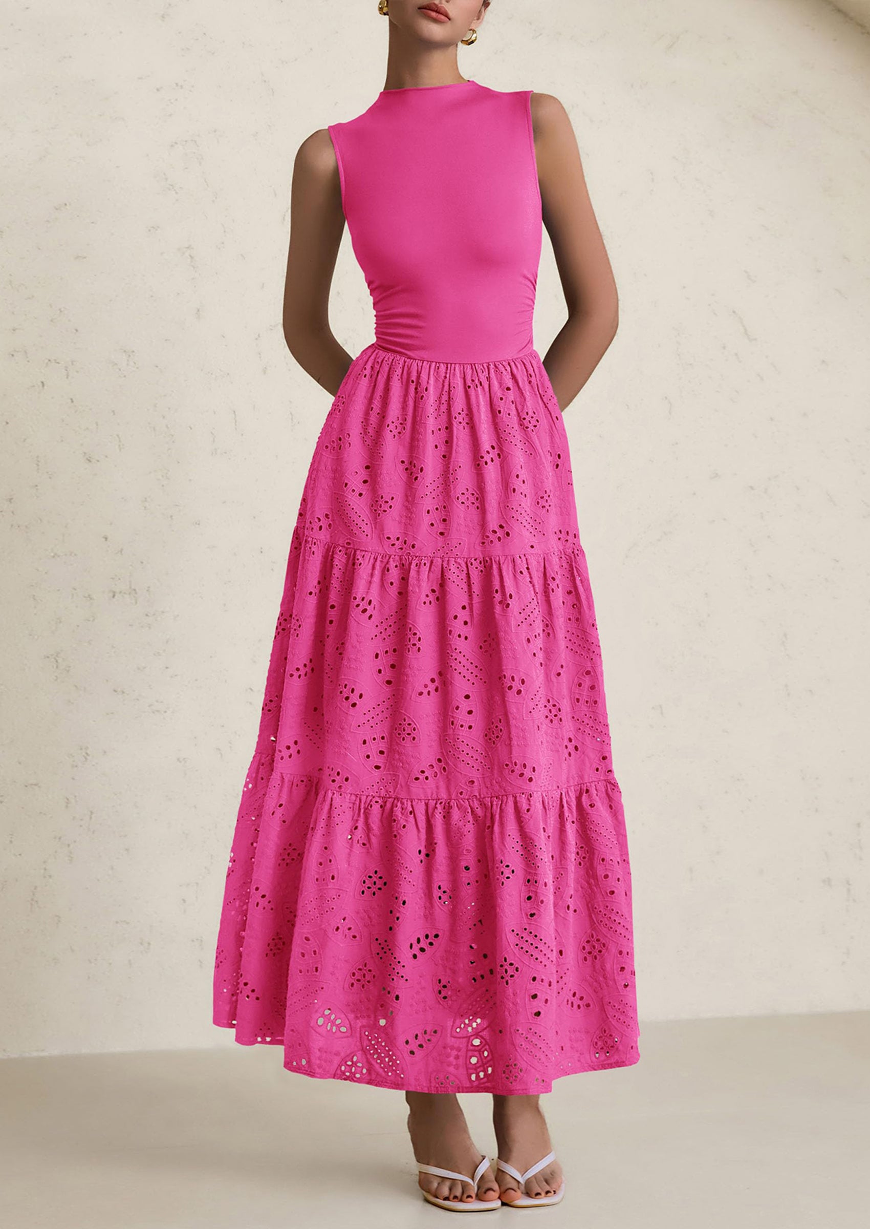 PRETTYGARDEN Dresses for Women Casual Eyelet Sleeveless Wedding Guest Maxi Dress Tank Top Sundress with Pockets