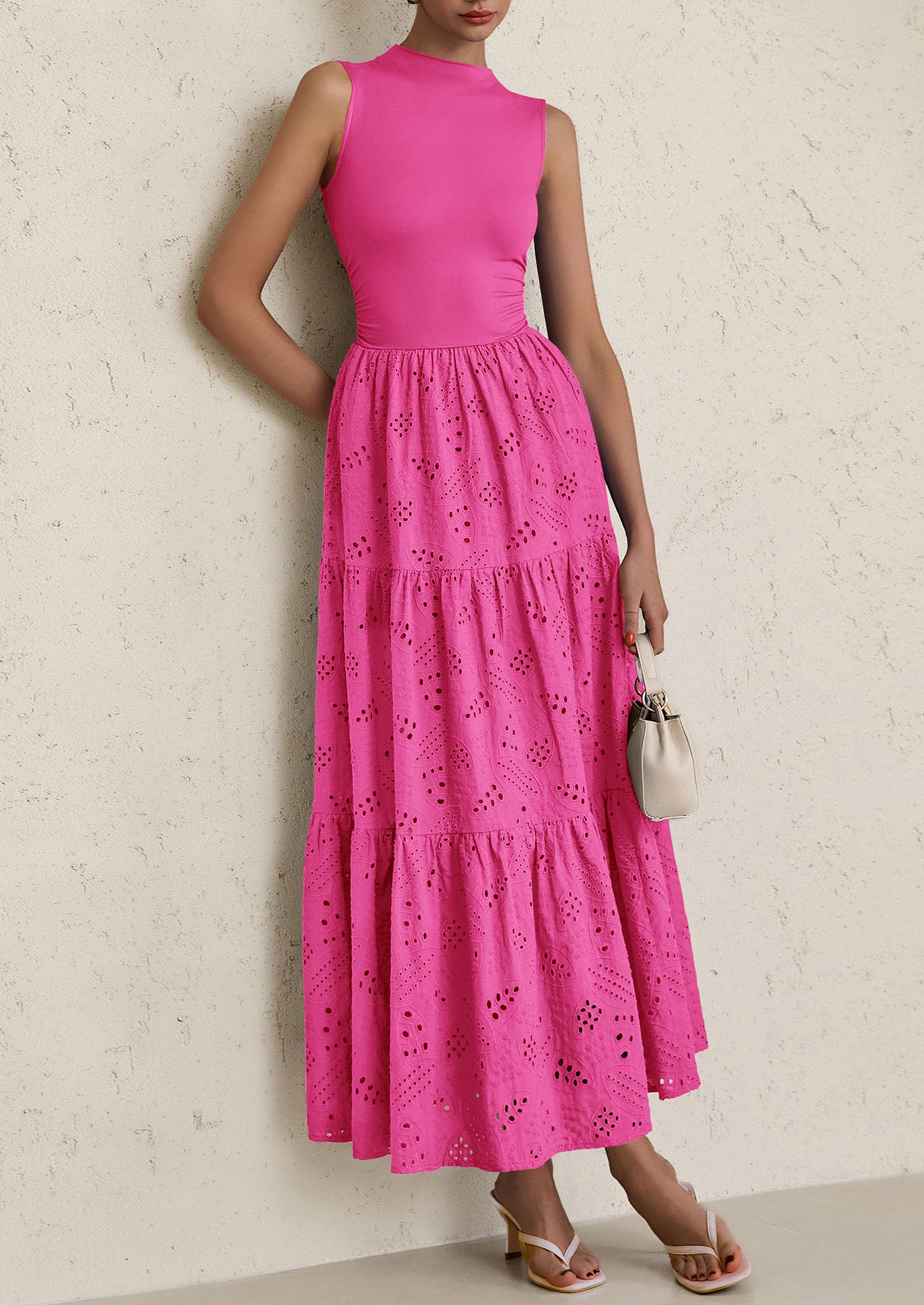 PRETTYGARDEN Dresses for Women Casual Eyelet Sleeveless Wedding Guest Maxi Dress Tank Top Sundress with Pockets