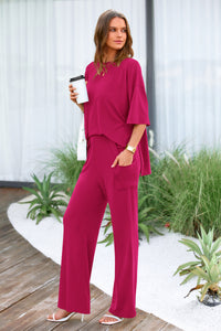 Short Sleeve Pullover Tops And Wide Leg Pants Two Piece Sets