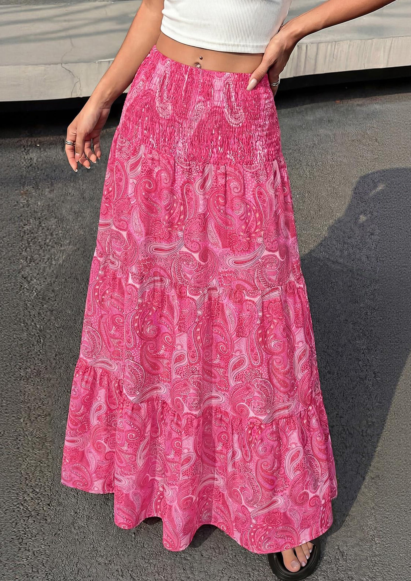 PRETTYGARDEN Floral Summer Boho Maxi Skirts for Women Smocked Elastic Waist Pleated Tiered Vacation Flowy Long Skirt PRETTYGARDEN