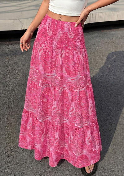 PRETTYGARDEN Floral Summer Boho Maxi Skirts for Women Smocked Elastic Waist Pleated Tiered Vacation Flowy Long Skirt PRETTYGARDEN