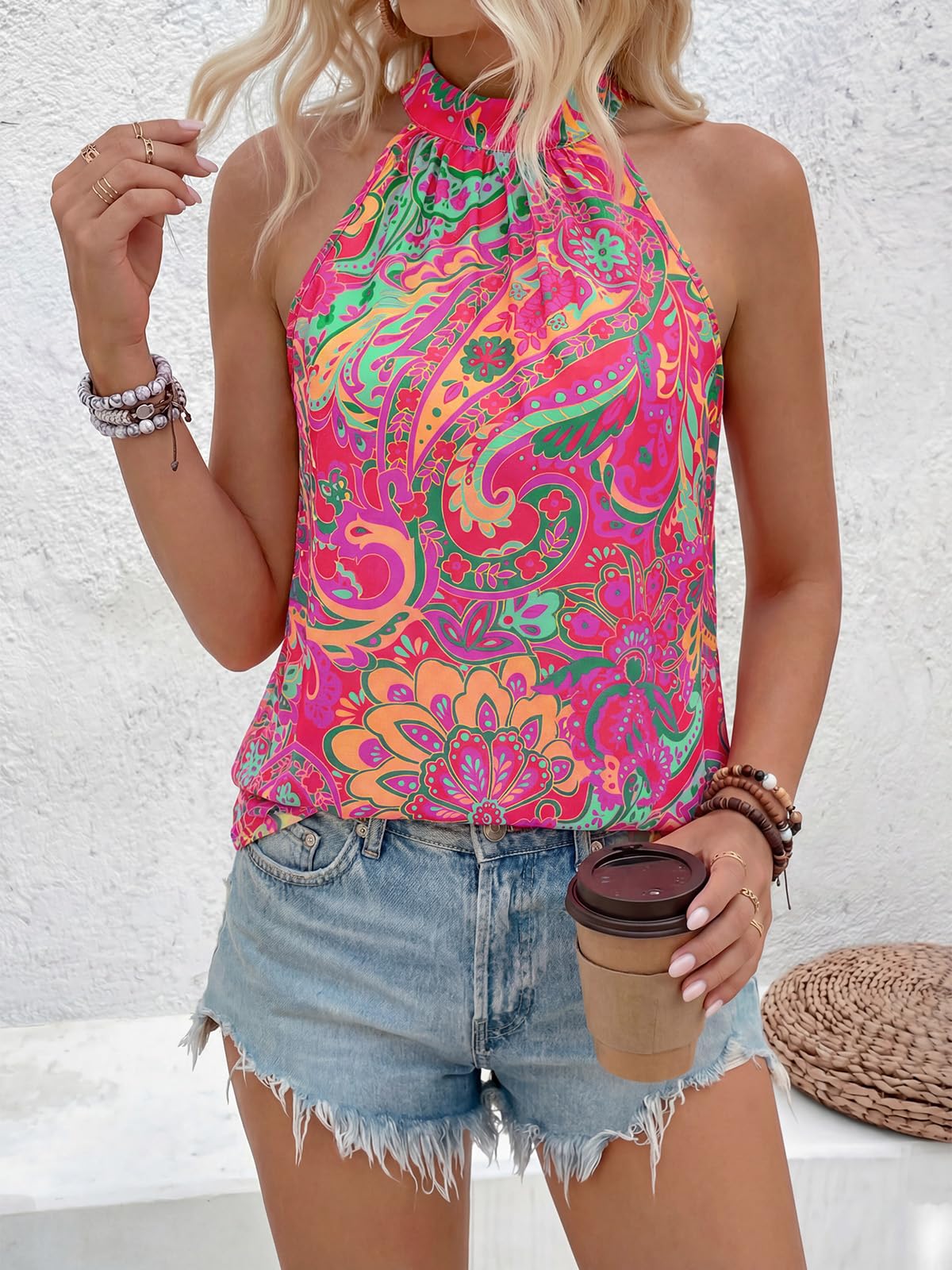 PRETTYGARDEN Halter Tops for Women Summer High Neck Boho Tank Top Sleeveless Beach Vacation Clothes Casual Blouse Shirts PRETTYGARDEN