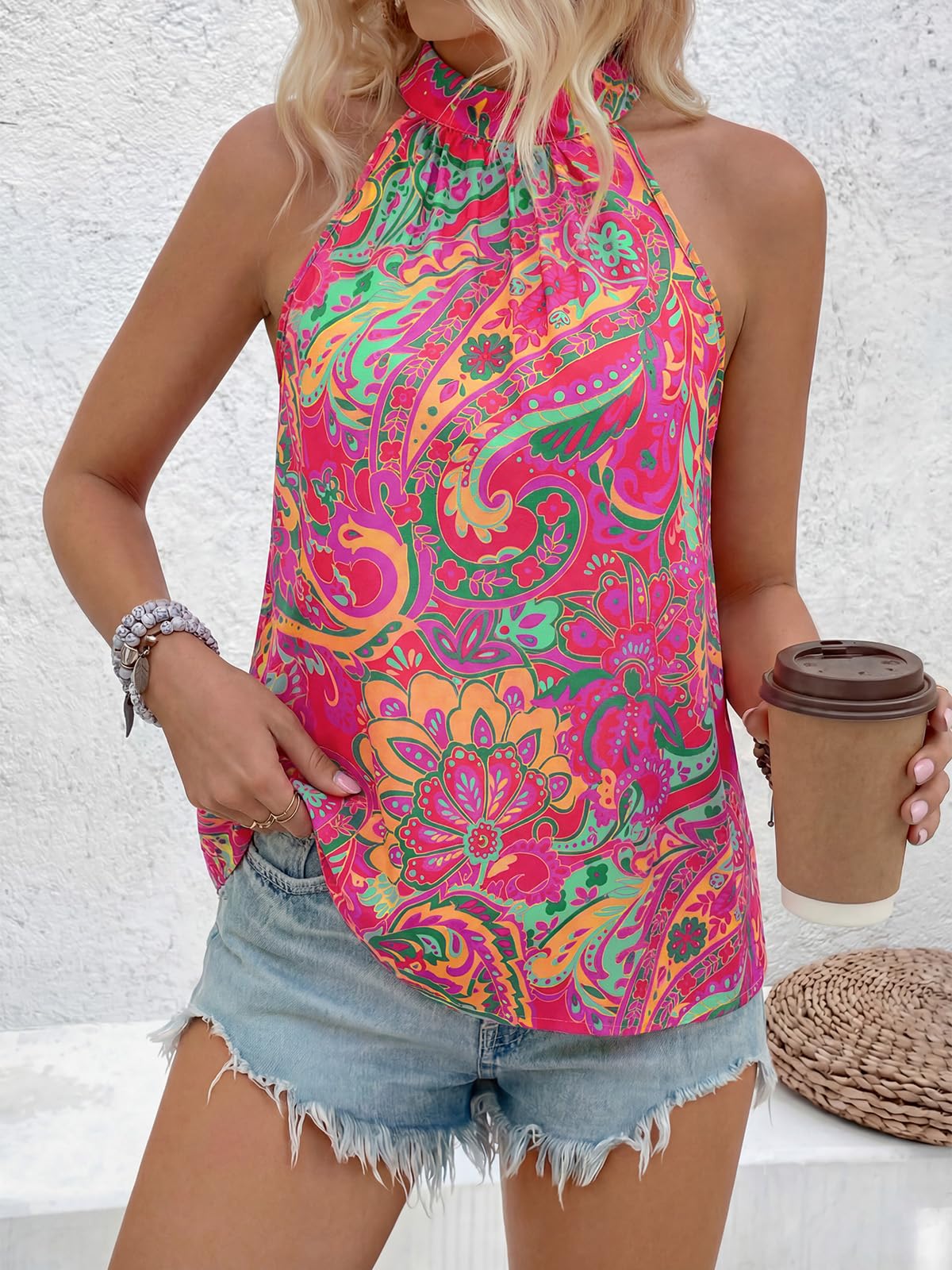 PRETTYGARDEN Halter Tops for Women Summer High Neck Boho Tank Top Sleeveless Beach Vacation Clothes Casual Blouse Shirts PRETTYGARDEN