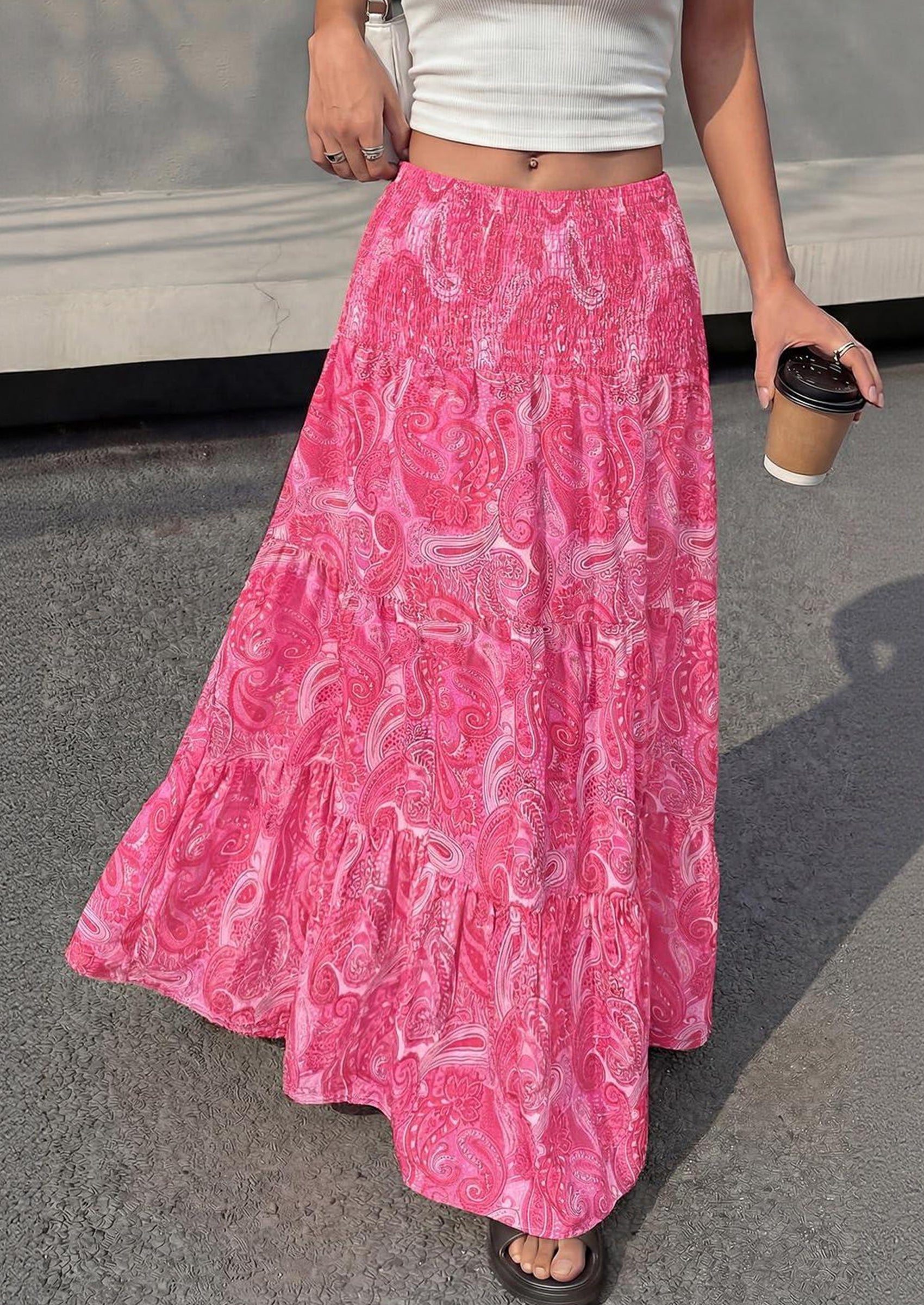 PRETTYGARDEN Floral Summer Boho Maxi Skirts for Women Smocked Elastic Waist Pleated Tiered Vacation Flowy Long Skirt PRETTYGARDEN