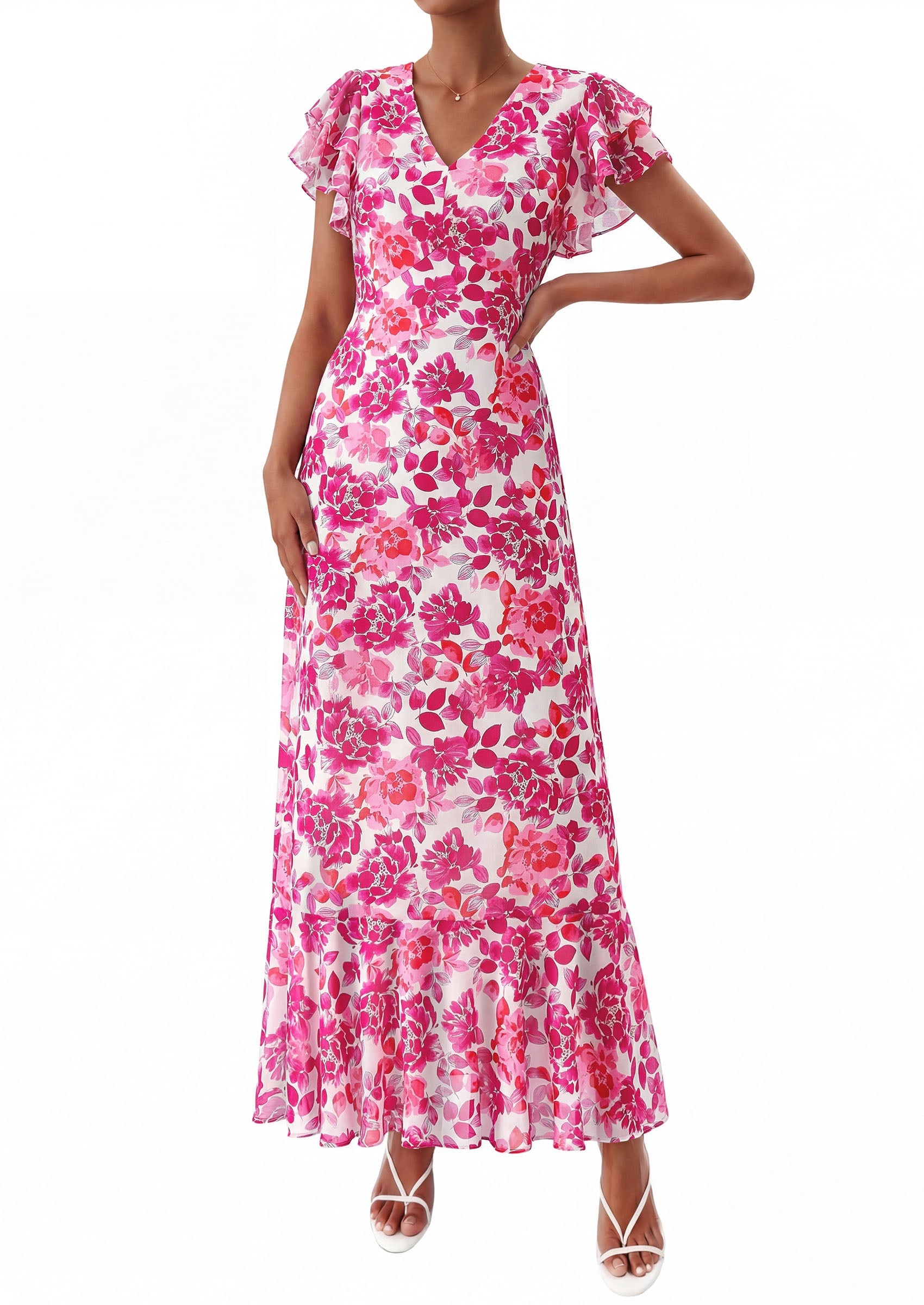 PRETTYGARDEN Wedding Guest Dresses for Women 2026 Spring Summer Short Sleeve Ruffle V Neck Floral Flowy Beach Maxi Long Dress PRETTYGARDEN