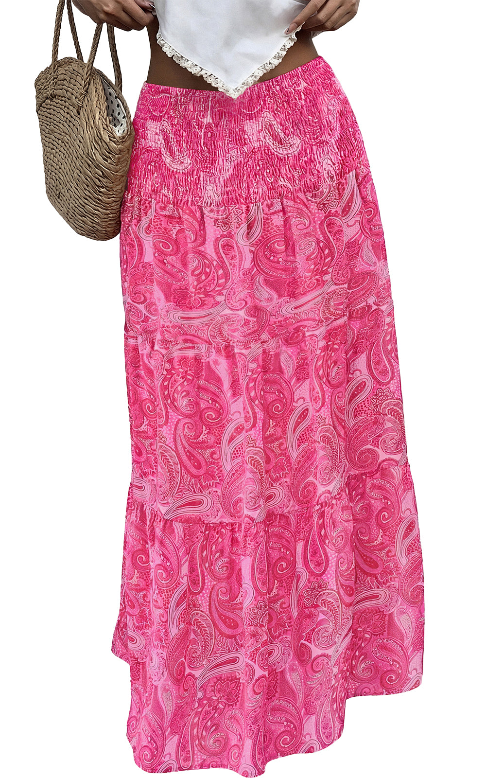 PRETTYGARDEN Floral Summer Boho Maxi Skirts for Women 2026 Smocked Elastic Waist Pleated Tiered Vacation Flowy Long Skirt PRETTYGARDEN