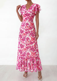 PRETTYGARDEN Wedding Guest Dresses for Women 2026 Spring Summer Short Sleeve Ruffle V Neck Floral Flowy Beach Maxi Long Dress PRETTYGARDEN