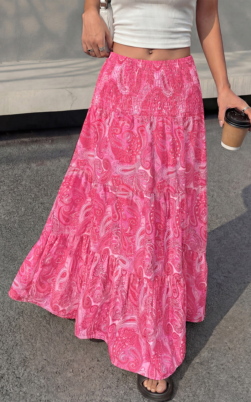 PRETTYGARDEN Floral Summer Boho Maxi Skirts for Women 2026 Smocked Elastic Waist Pleated Tiered Vacation Flowy Long Skirt PRETTYGARDEN