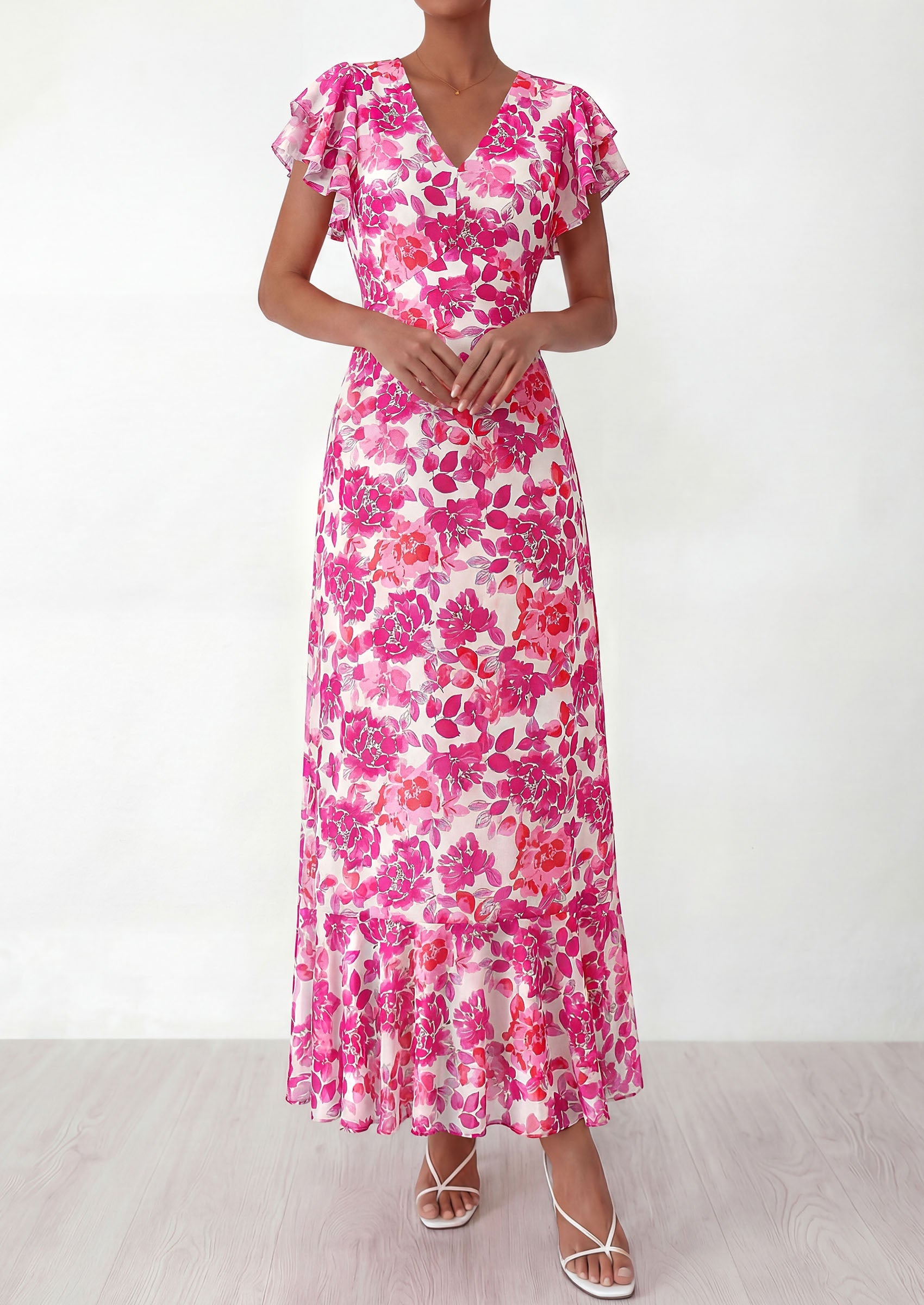 PRETTYGARDEN Wedding Guest Dresses for Women 2026 Spring Summer Short Sleeve Ruffle V Neck Floral Flowy Beach Maxi Long Dress PRETTYGARDEN