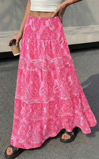 PRETTYGARDEN Floral Summer Boho Maxi Skirts for Women 2026 Smocked Elastic Waist Pleated Tiered Vacation Flowy Long Skirt PRETTYGARDEN