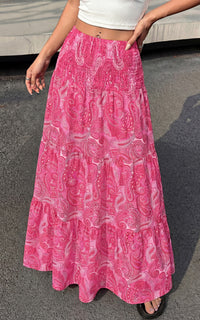 PRETTYGARDEN Floral Summer Boho Maxi Skirts for Women 2026 Smocked Elastic Waist Pleated Tiered Vacation Flowy Long Skirt PRETTYGARDEN