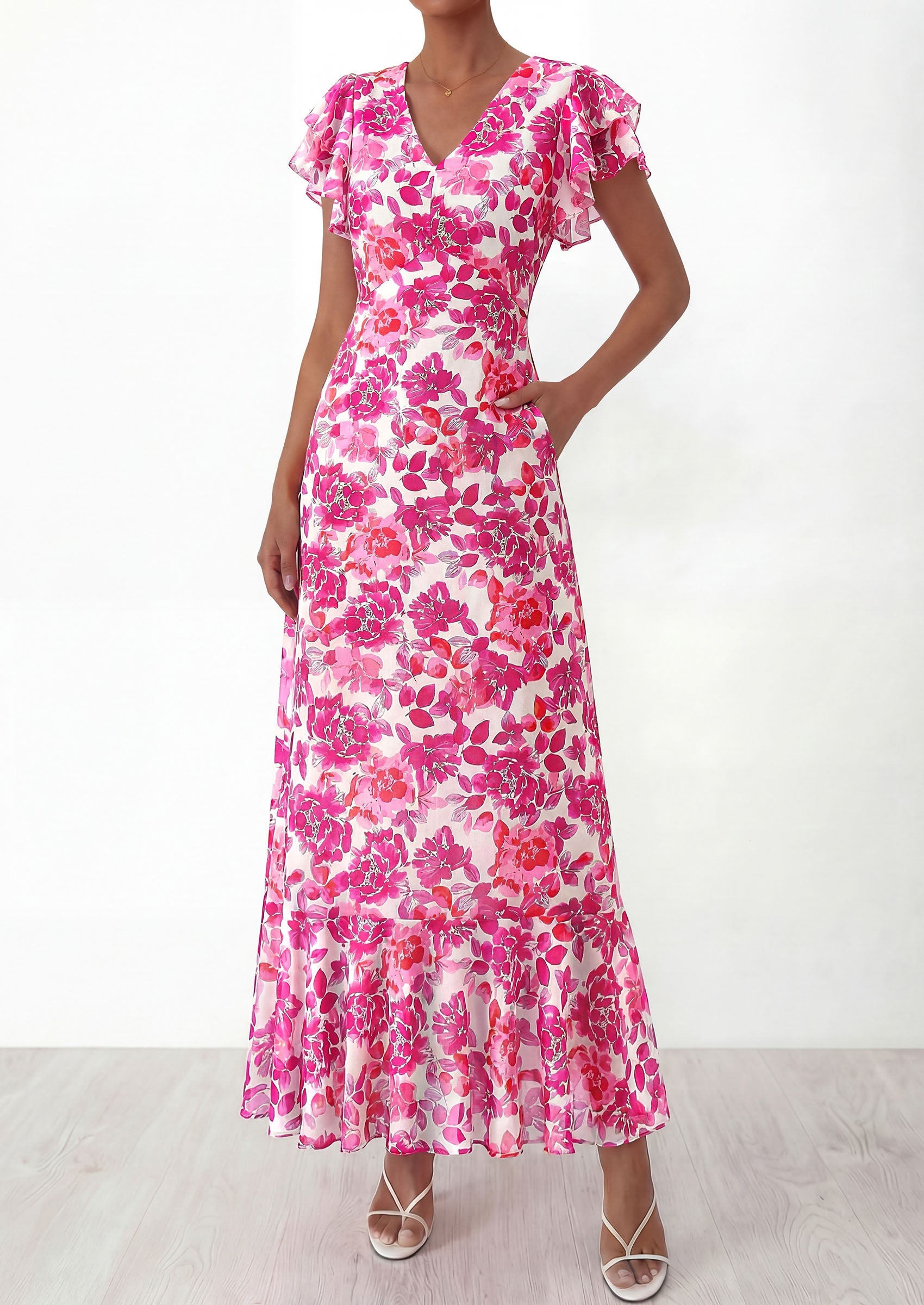 PRETTYGARDEN Wedding Guest Dresses for Women 2026 Spring Summer Short Sleeve Ruffle V Neck Floral Flowy Beach Maxi Long Dress PRETTYGARDEN