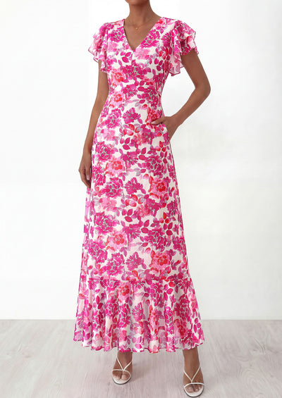 PRETTYGARDEN Wedding Guest Dresses for Women 2026 Spring Summer Short Sleeve Ruffle V Neck Floral Flowy Beach Maxi Long Dress PRETTYGARDEN