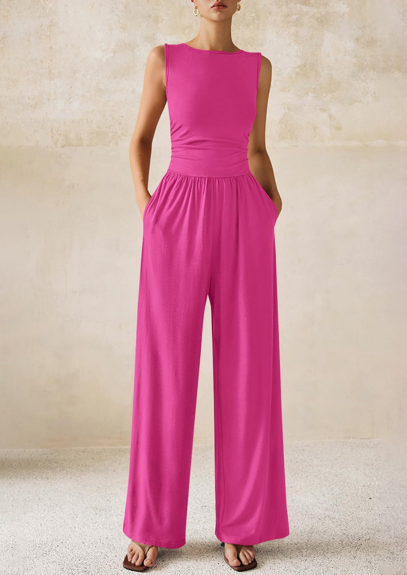 PRETTYGARDEN One Piece Jumpsuits for Women Dressy Casual Sleeveless Crewneck Wide Leg Rompers Jumpers Vacation Summer Outfits