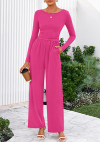 PRETTYGARDEN One Piece Jumpsuits for Women Dressy Casual Long Sleeve Crewneck Wide Leg Romper Overalls Spring Outfits