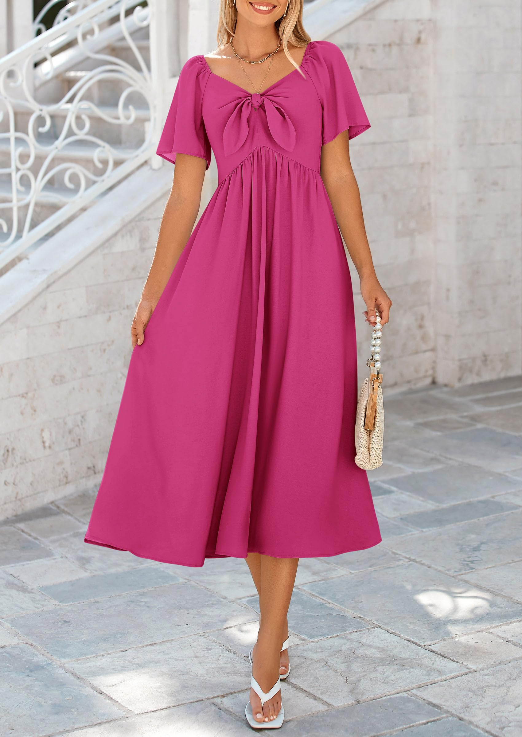 PRETTYGARDEN Summer Dress for Women Casual Short Sleeve Bow Tie V Neck Ruffle Midi Flowy Dresses