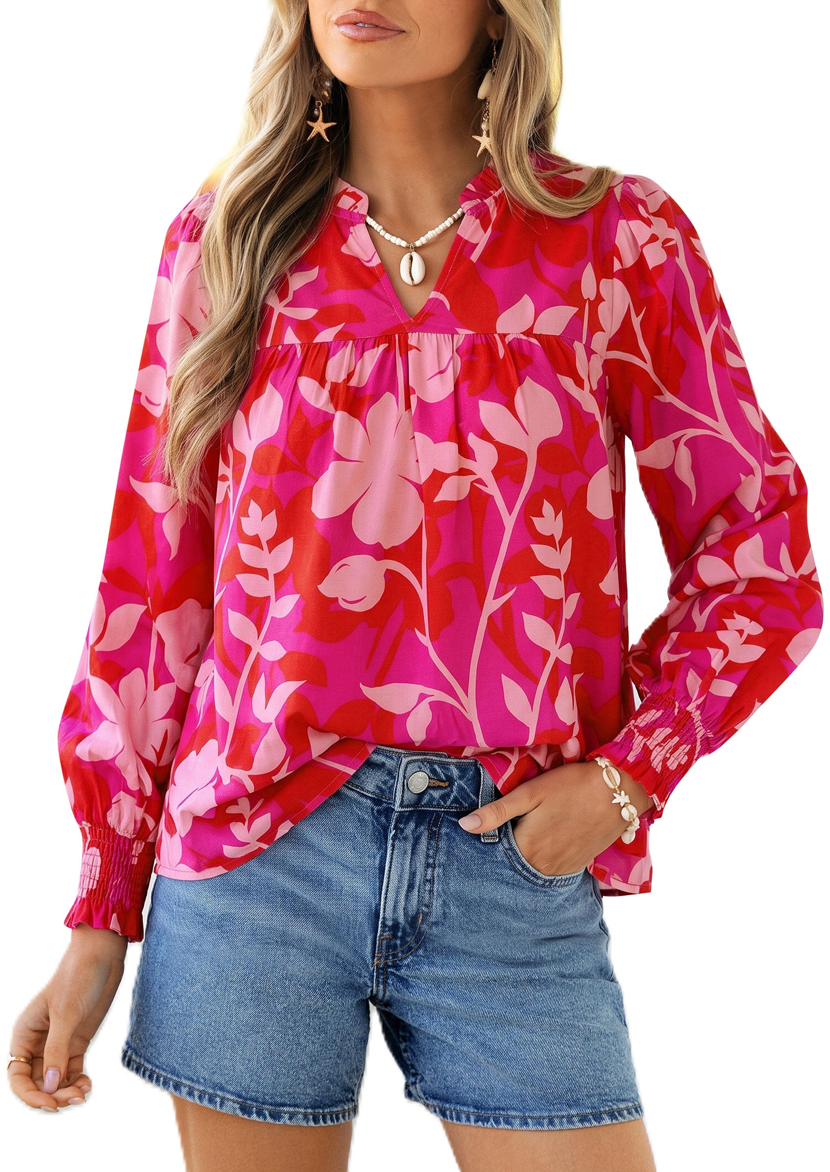 PRETTYGARDEN Women's Boho Floral Blouses Dressy Casual | Trendy Printed, Long Sleeve V Neck Tops, Bohemian Polka Dot Striped Shirt, Going Out Vacation Outfits, Fall Fashion Clothing