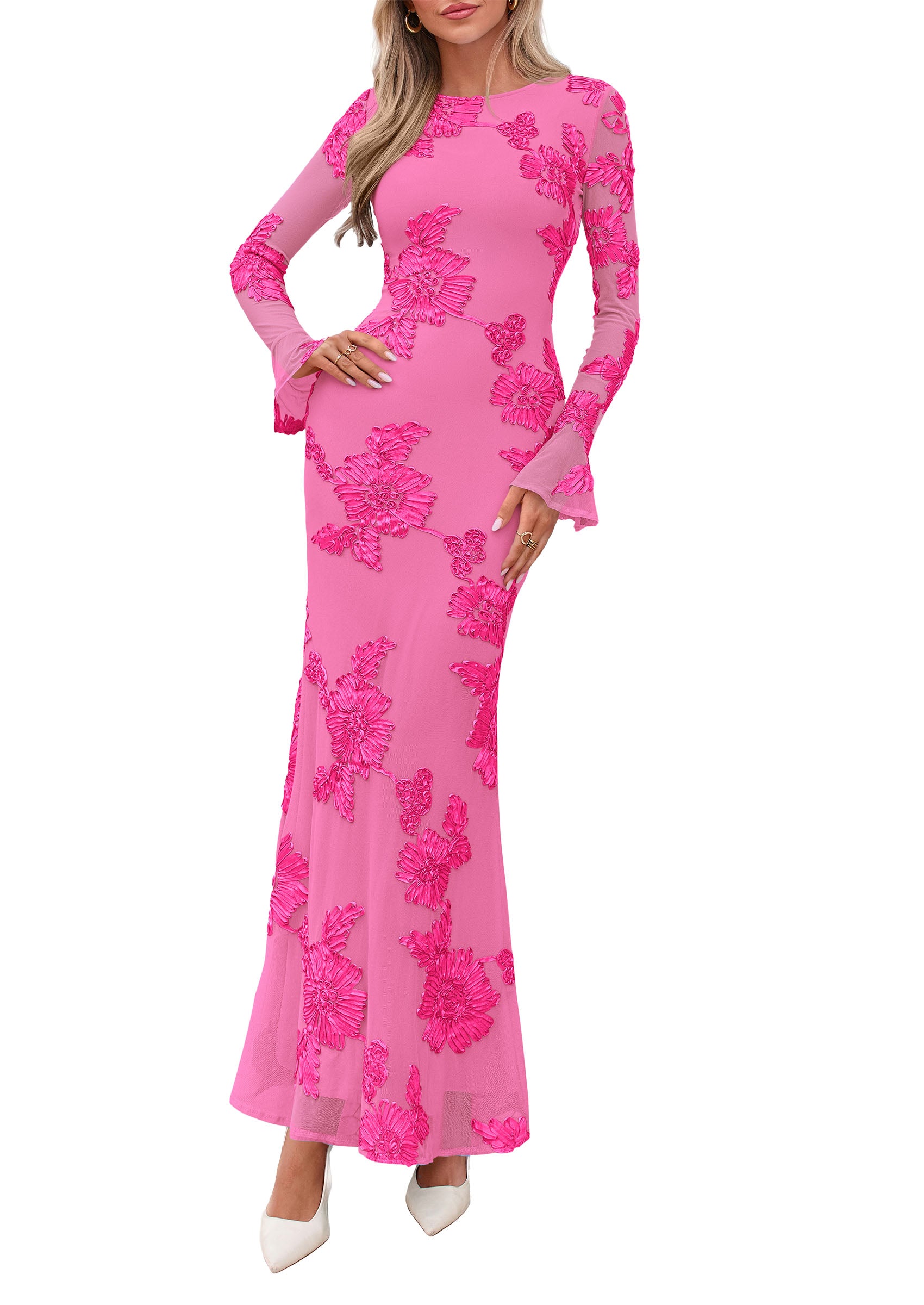 PRETTYGARDEN Women's Formal Floral Maxi Bodycon Dresses  Ruffle Long Sleeve, Fall Winter Outfits 2026 for Wedding Guest, Homecoming & Cocktail, Slimming Mesh Dress with Lining