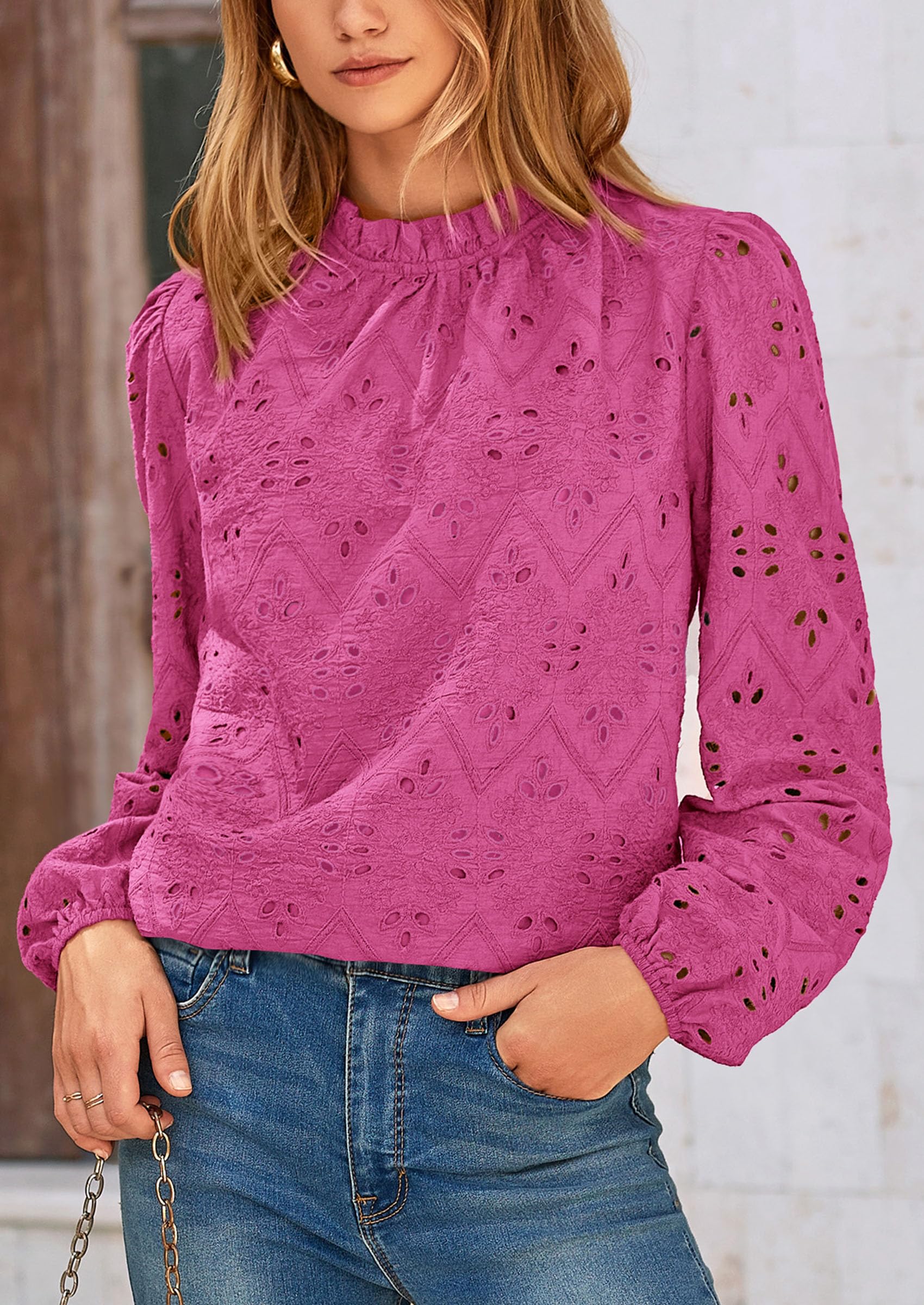 PRETTYGARDEN Womens Tops Dressy Casual Spring Long Sleeve Shirts Embroidered Eyelet Blouses Going Out Outfits