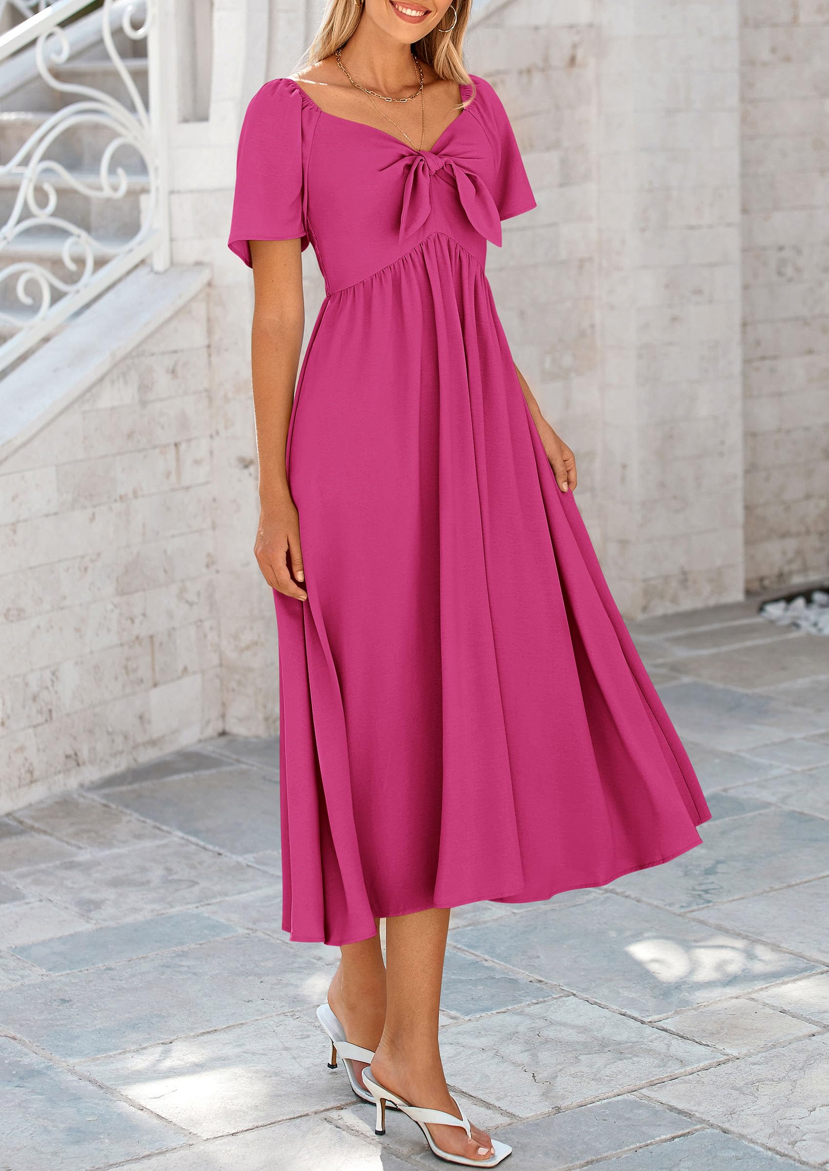 PRETTYGARDEN Summer Dress for Women Casual Short Sleeve Bow Tie V Neck Ruffle Midi Flowy Dresses