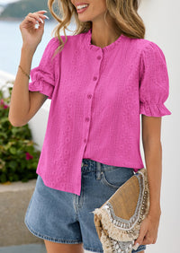 PRETTYGARDEN Womens Puff Short Sleeve Tops 2026 Summer Spring Button Down Boho Embroidered Cute Blouse Dressy Casual Shirts PRETTYGARDEN
