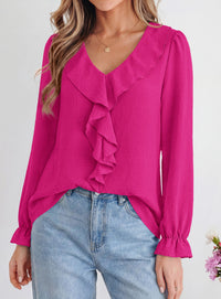 PRETTYGARDEN Women Early Fall Fashion Dressy Casual Blouses  | Comfy Lightweight,Lantern Long Sleeve Shirts,Cute Ruffle V Neck,Going Out Tops,Business Work Outfits,Trendy Daily Clothes