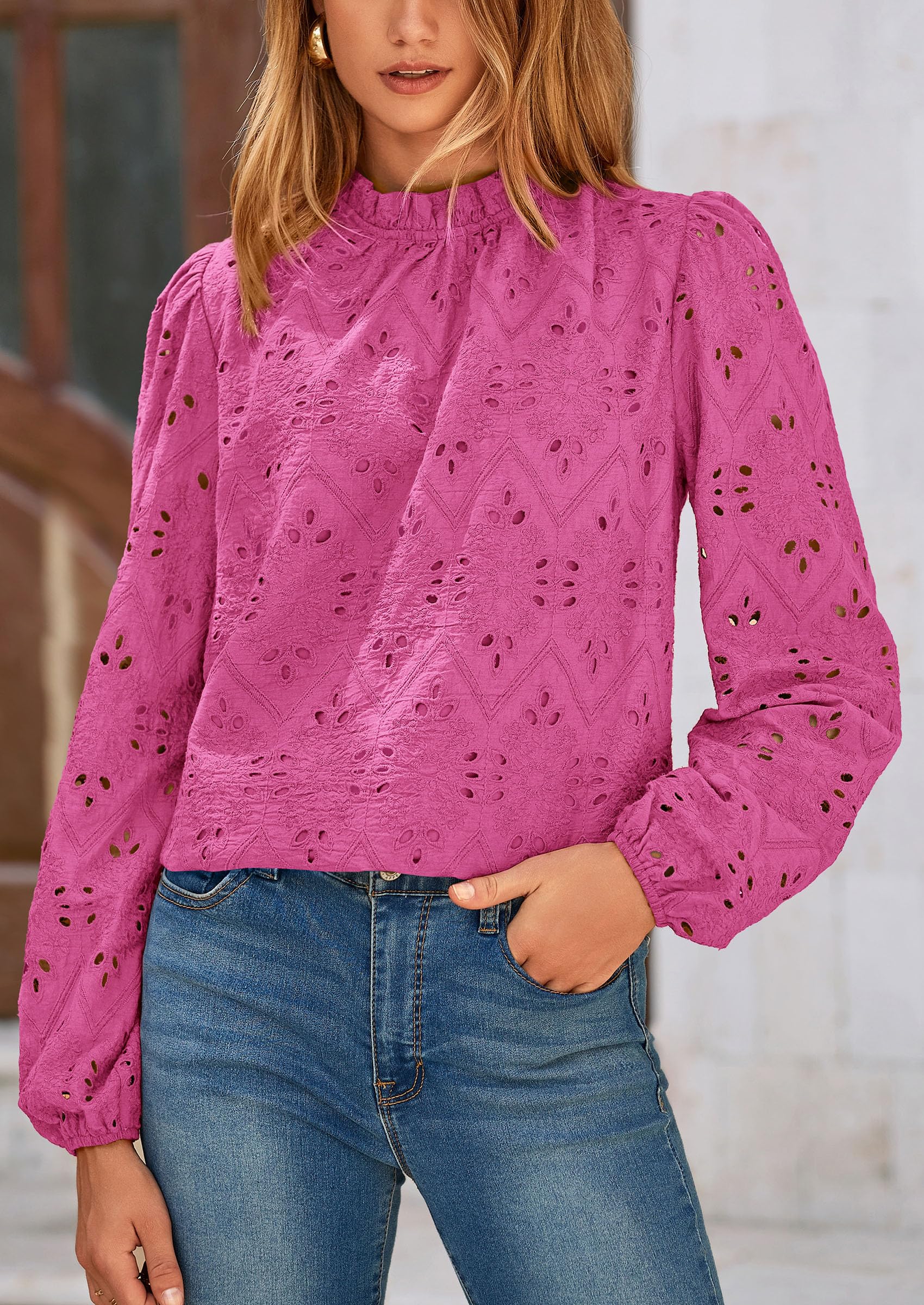 PRETTYGARDEN Womens Tops Dressy Casual Spring Long Sleeve Shirts Embroidered Eyelet Blouses Going Out Outfits