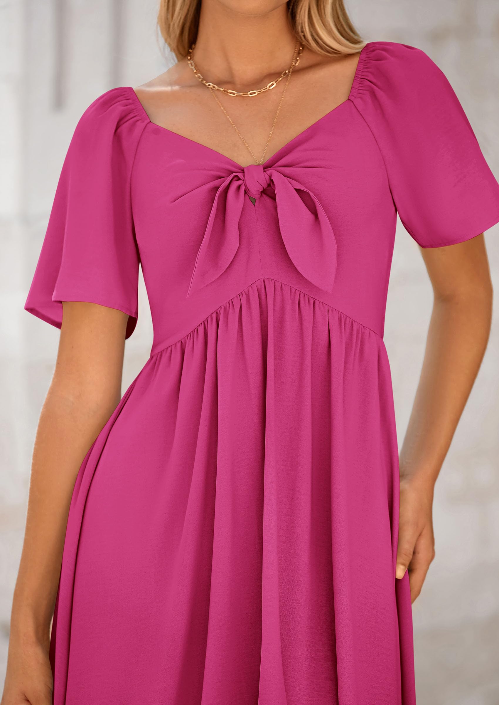 PRETTYGARDEN Summer Dress for Women Casual Short Sleeve Bow Tie V Neck Ruffle Midi Flowy Dresses