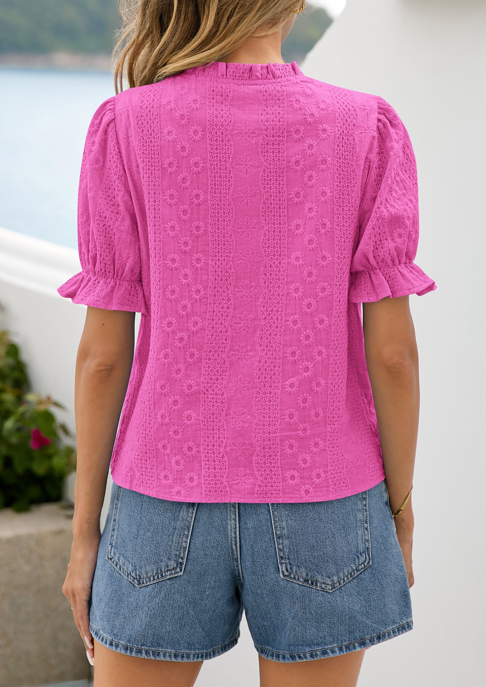 PRETTYGARDEN Womens Puff Short Sleeve Tops 2026 Summer Spring Button Down Boho Embroidered Cute Blouse Dressy Casual Shirts PRETTYGARDEN