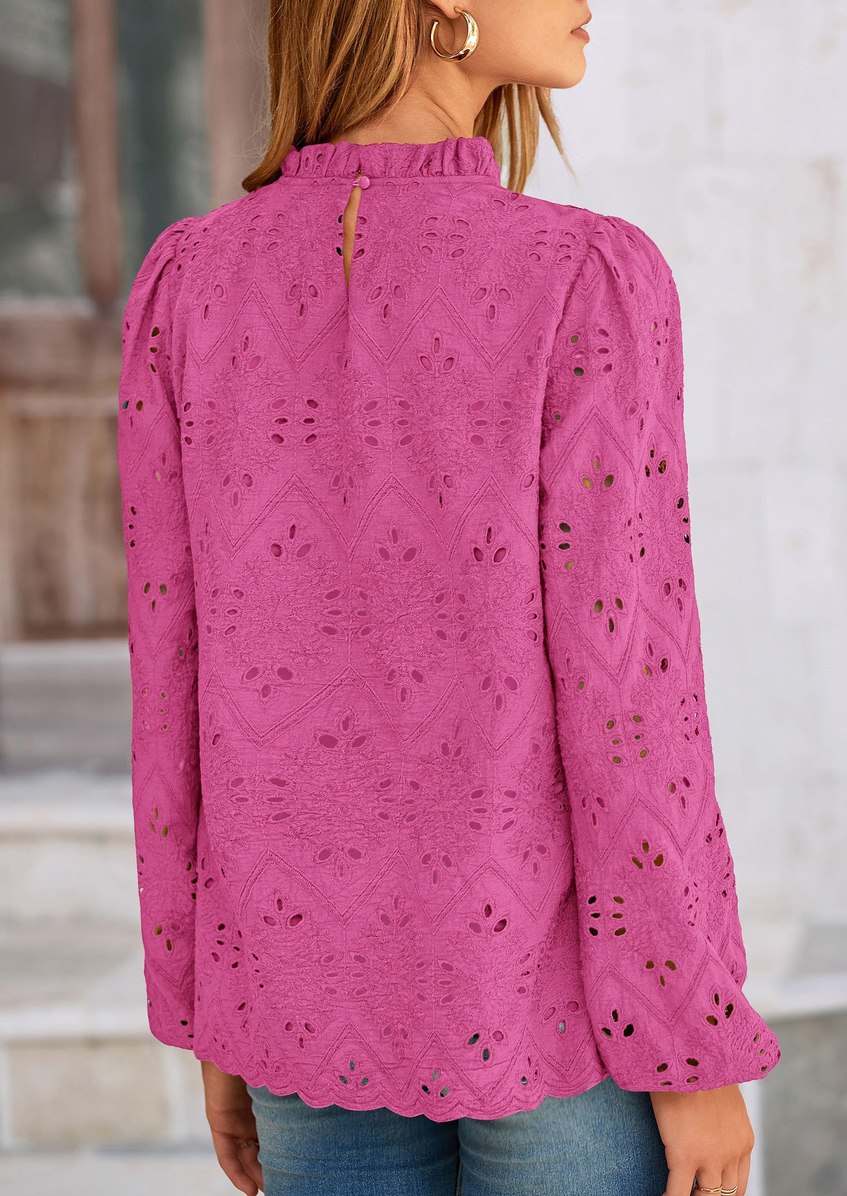 PRETTYGARDEN Womens Tops Dressy Casual Spring Long Sleeve Shirts Embroidered Eyelet Blouses Going Out Outfits