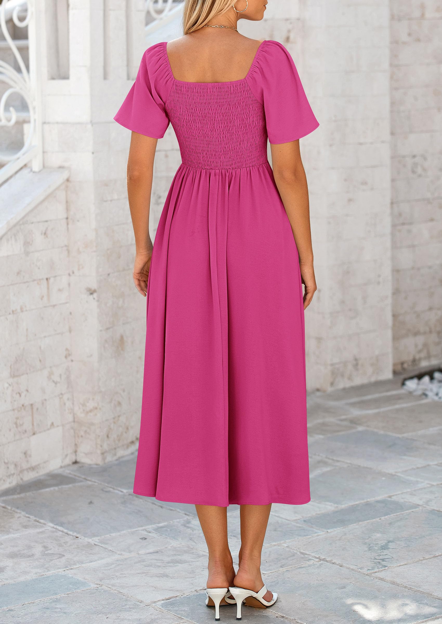 PRETTYGARDEN Summer Dress for Women Casual Short Sleeve Bow Tie V Neck Ruffle Midi Flowy Dresses