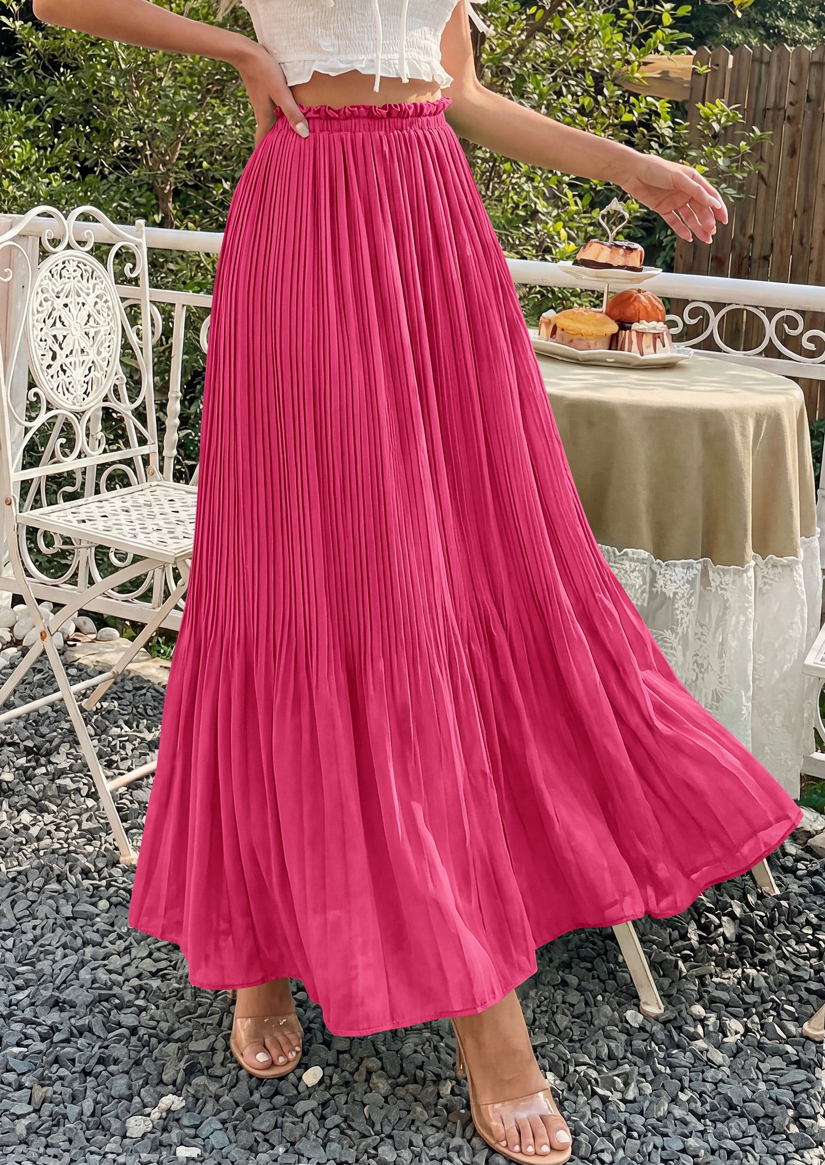PRETTYGARDEN Pleated Long Skirts for Women Summer Vacation Outfits 2026 Spring Elastic Waisted Flowy Chiffon A-Line Midi Skirt PRETTYGARDEN