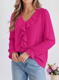 PRETTYGARDEN Women Early Fall Fashion Dressy Casual Blouses  | Comfy Lightweight,Lantern Long Sleeve Shirts,Cute Ruffle V Neck,Going Out Tops,Business Work Outfits,Trendy Daily Clothes