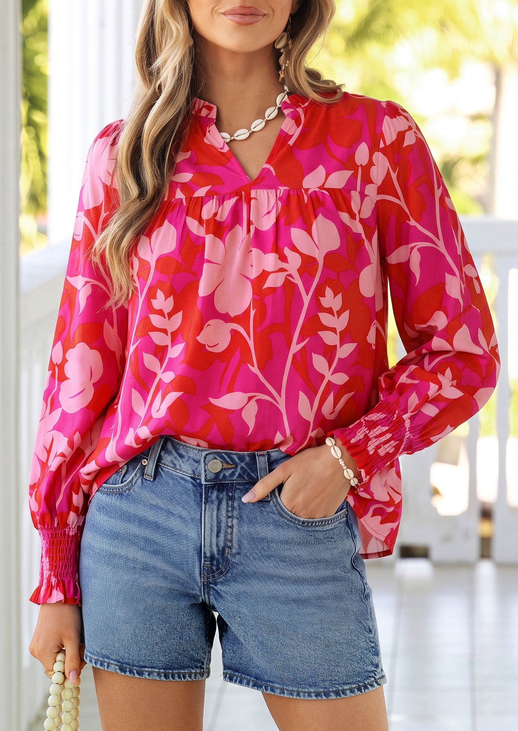 PRETTYGARDEN Women's Boho Floral Blouses Dressy Casual | Trendy Printed, Long Sleeve V Neck Tops, Bohemian Polka Dot Striped Shirt, Going Out Vacation Outfits, Fall Fashion Clothing