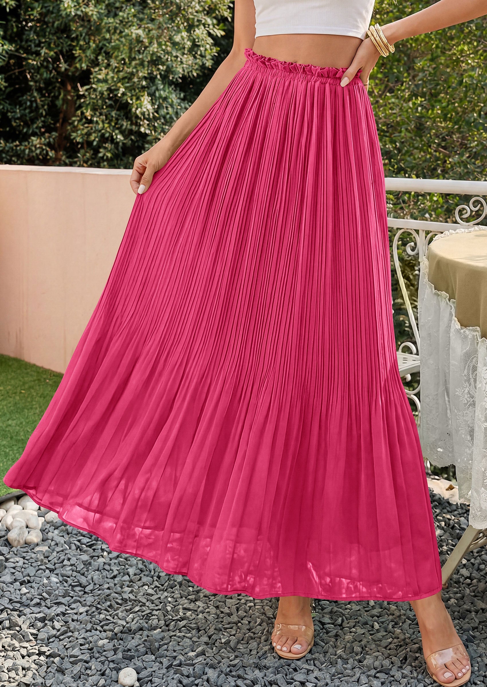 PRETTYGARDEN Pleated Long Skirts for Women Summer Vacation Outfits 2026 Spring Elastic Waisted Flowy Chiffon A-Line Midi Skirt PRETTYGARDEN