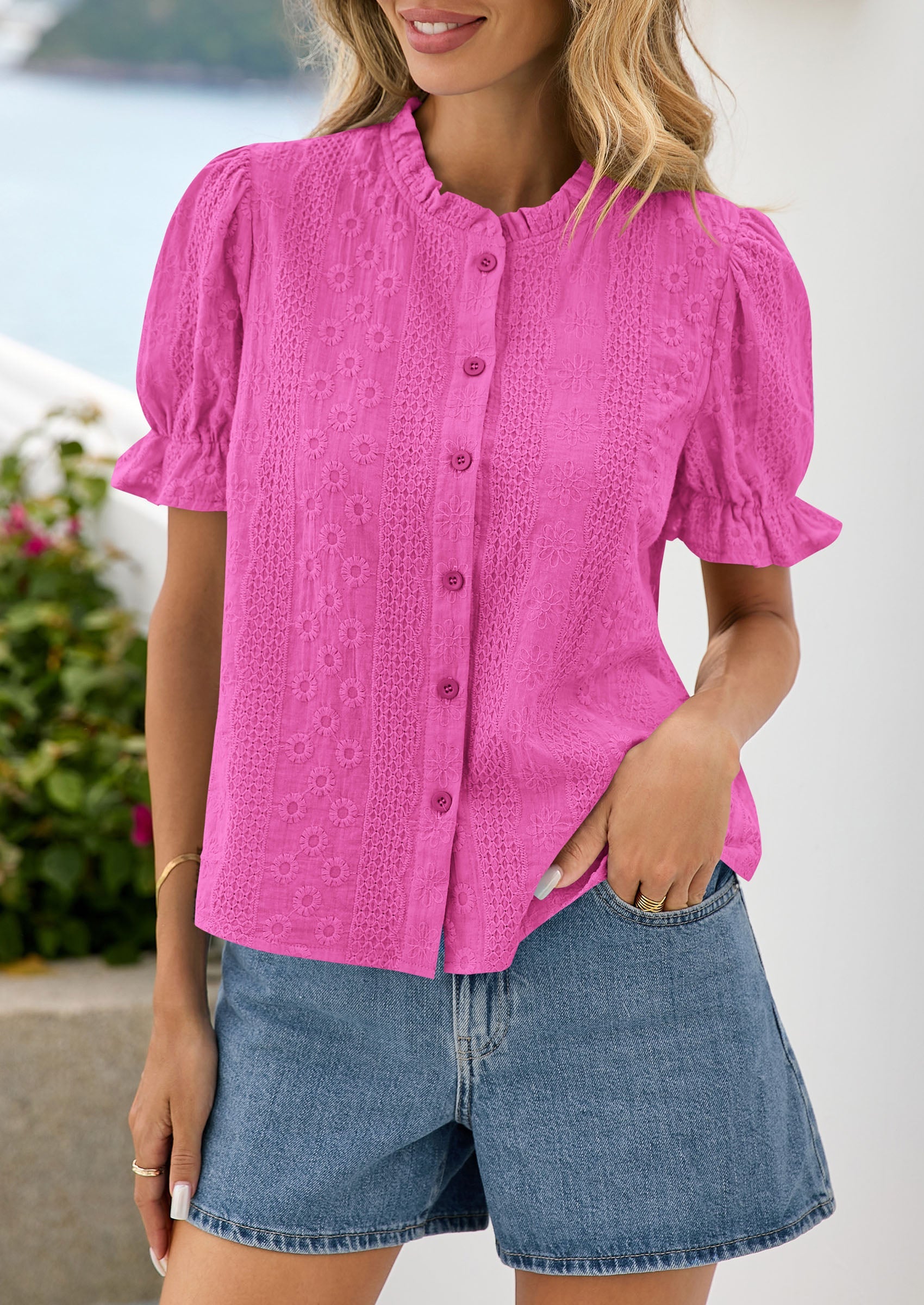 PRETTYGARDEN Womens Puff Short Sleeve Tops 2026 Summer Spring Button Down Boho Embroidered Cute Blouse Dressy Casual Shirts PRETTYGARDEN