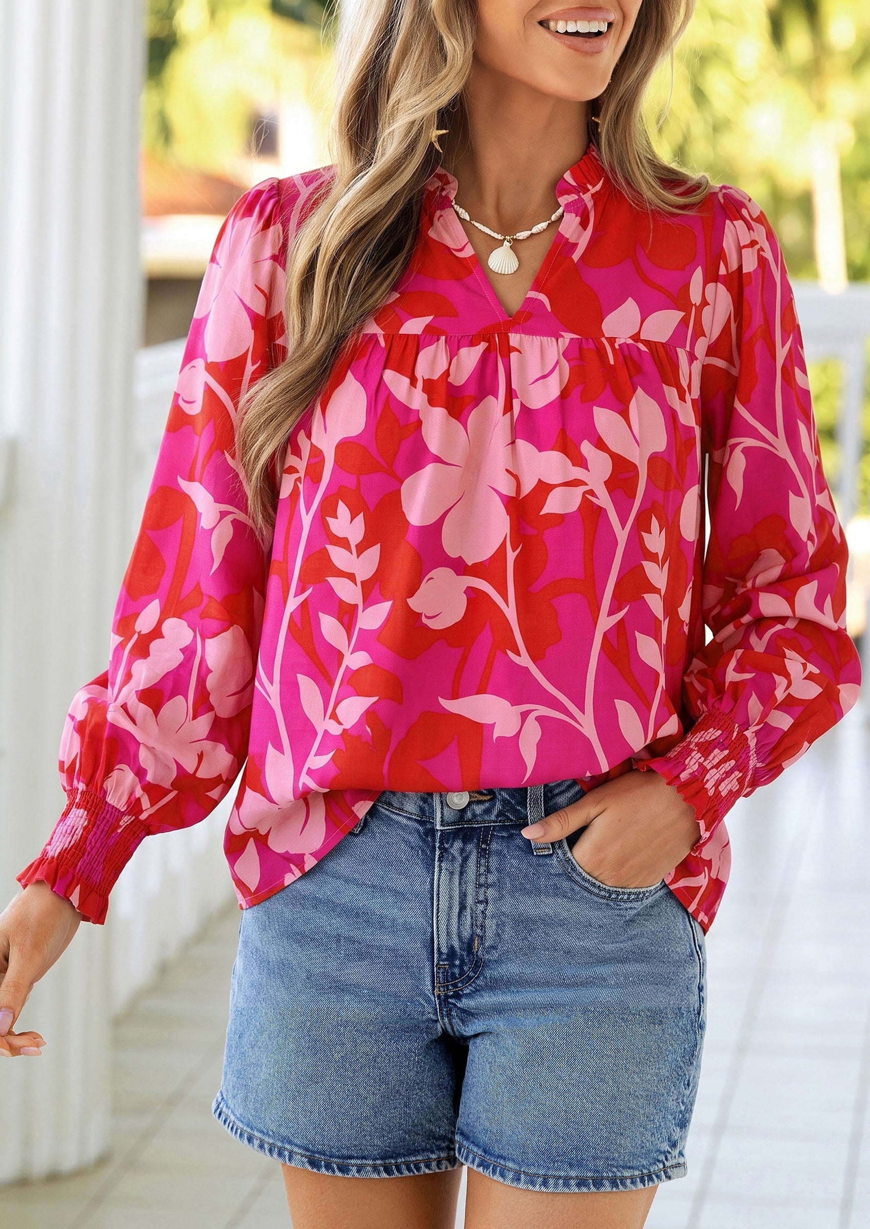 PRETTYGARDEN Women's Boho Floral Blouses Dressy Casual | Trendy Printed, Long Sleeve V Neck Tops, Bohemian Polka Dot Striped Shirt, Going Out Vacation Outfits, Fall Fashion Clothing