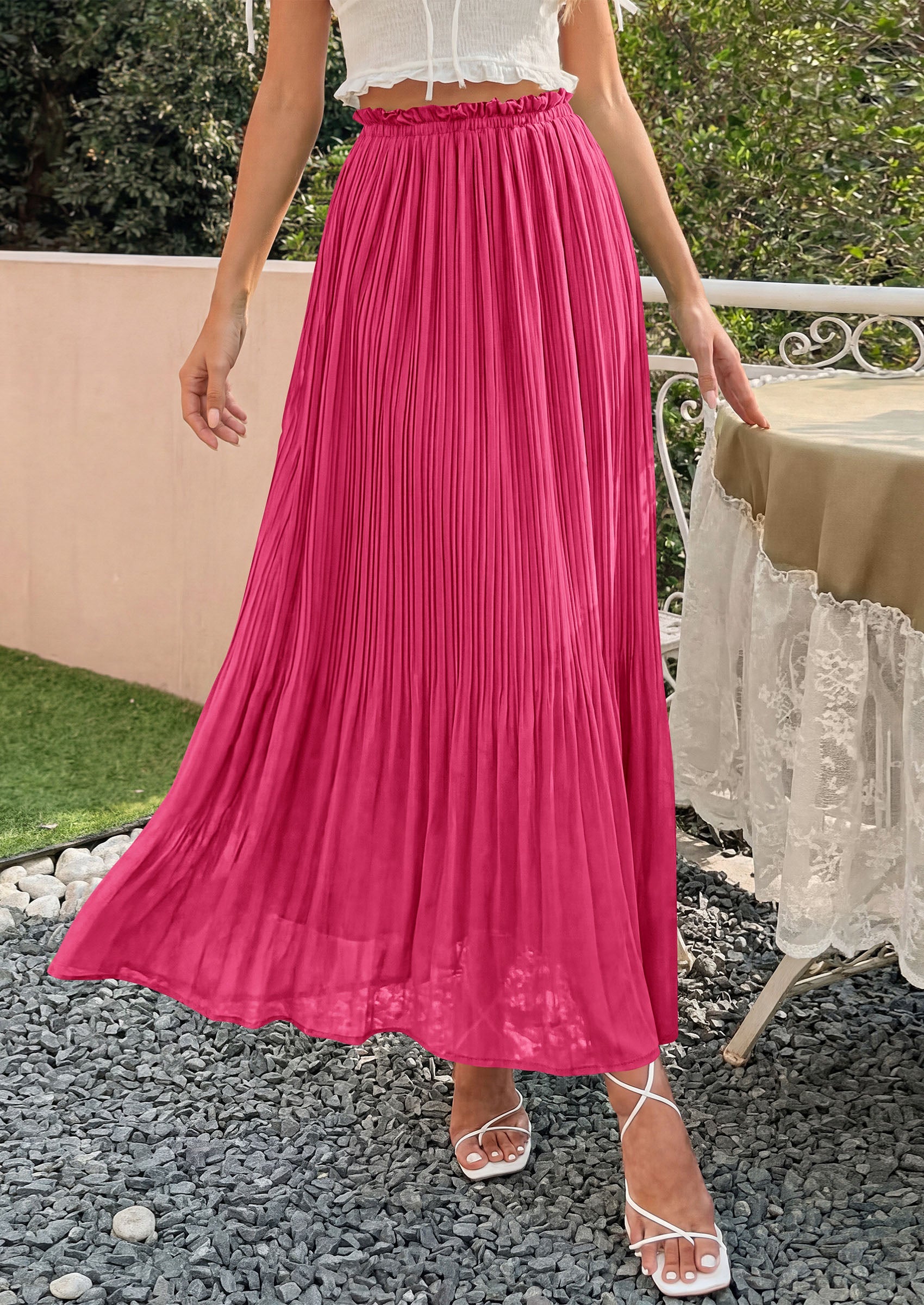 PRETTYGARDEN Pleated Long Skirts for Women Summer Vacation Outfits 2026 Spring Elastic Waisted Flowy Chiffon A-Line Midi Skirt PRETTYGARDEN